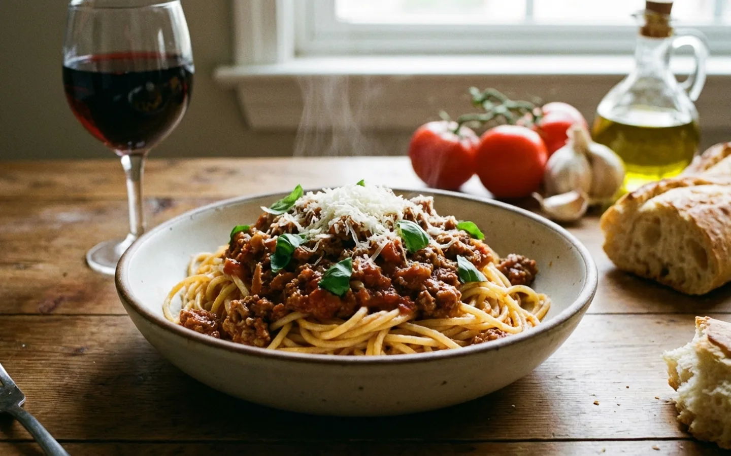 Spaghetti bolognese toppad med färsk parmesan och basilika