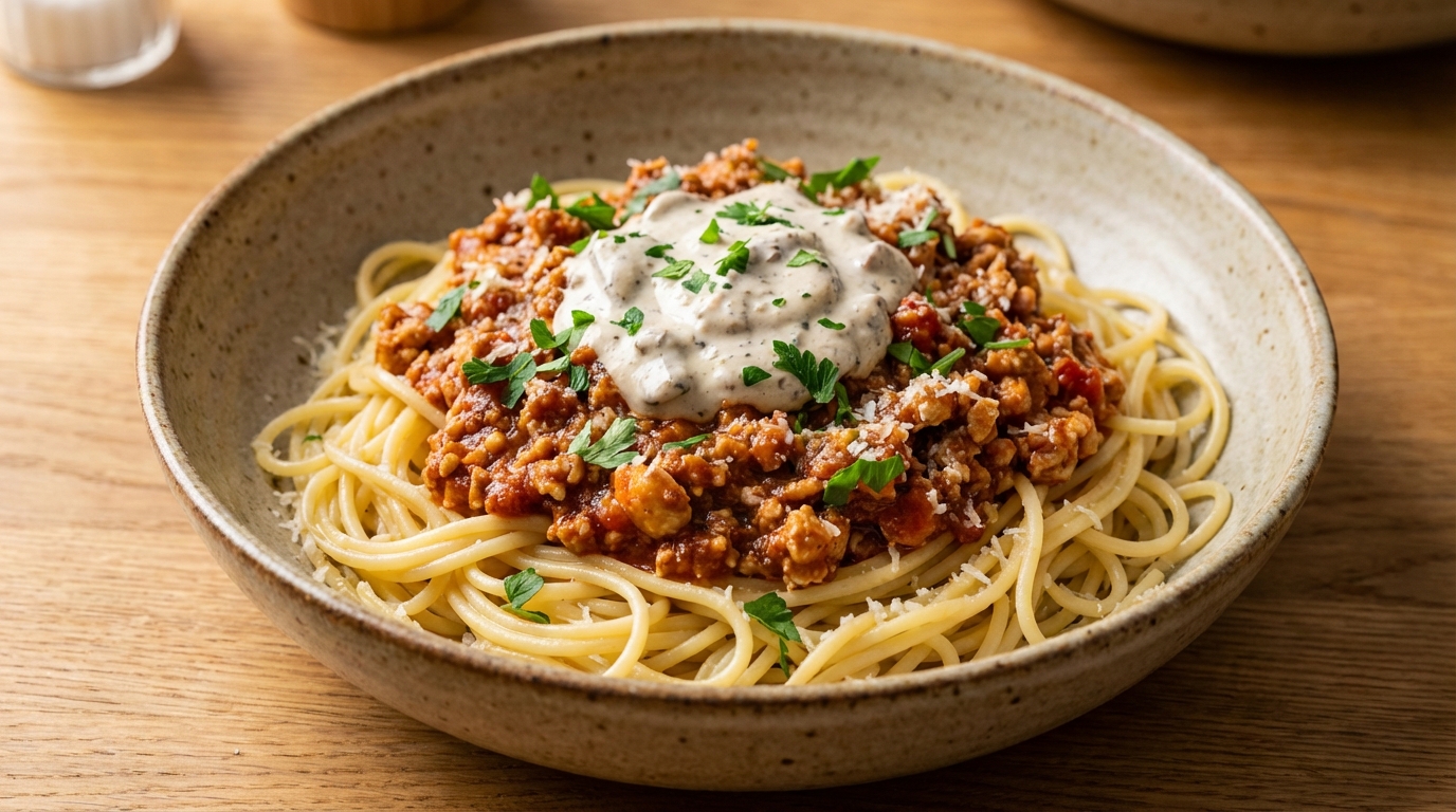 Kycklingfärssås med svampcrème fraiche och spaghetti upplagt för servering