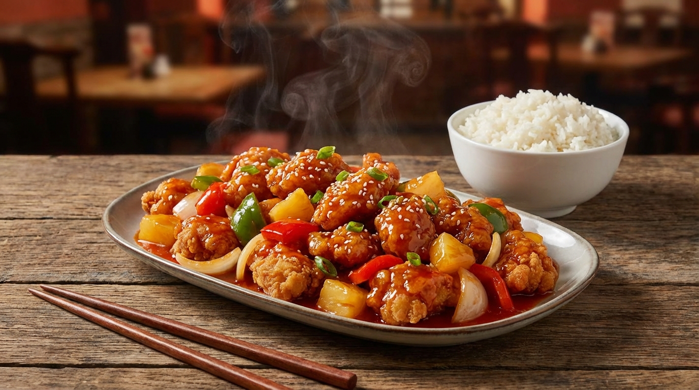 Sweet and sour-kyckling upplagd på tallrik