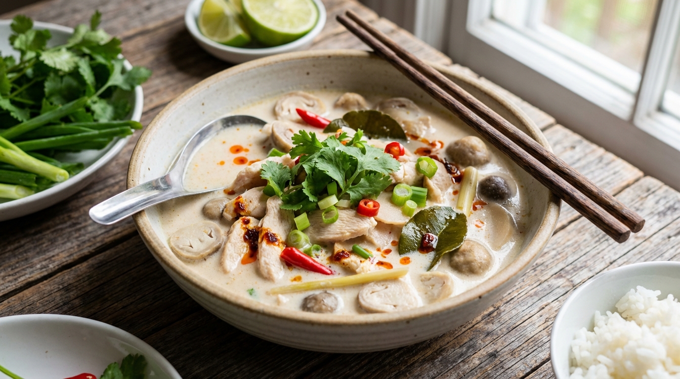 Rykande varm Tom Kha Gai i en skål med koriander
