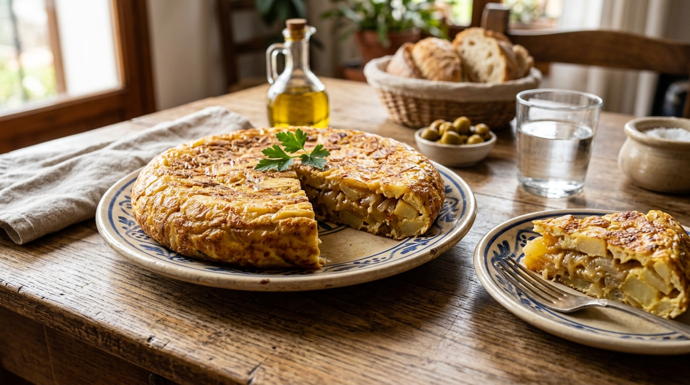 Tjock spansk tortilla skuren i bitar