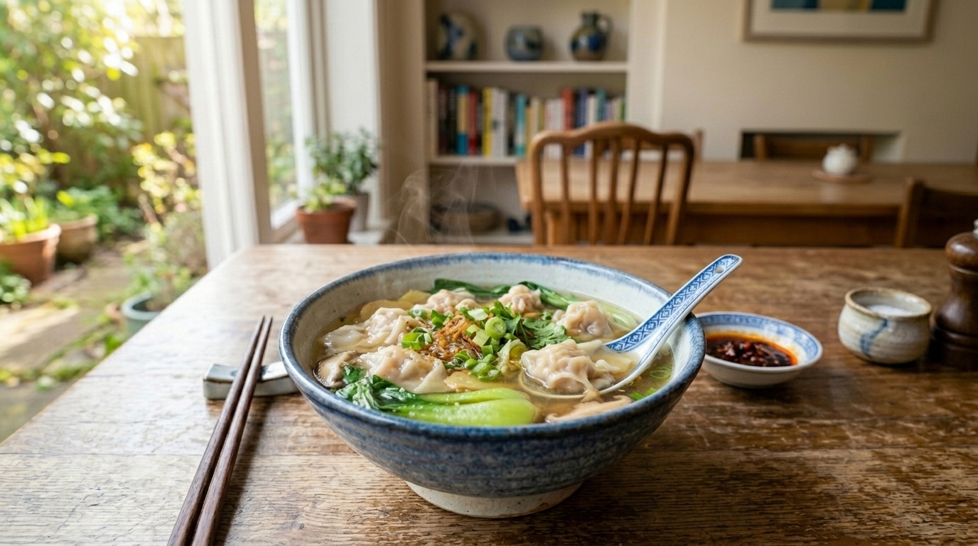 Wontonsoppa med salladslök i klar buljong